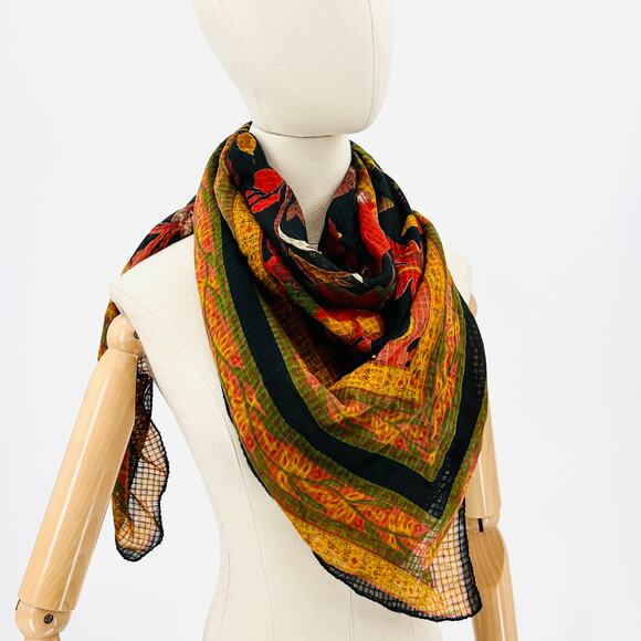 Vintage 70s Black Yellow Floral Handrolled Cotton Scarf - Picture 1 of 6